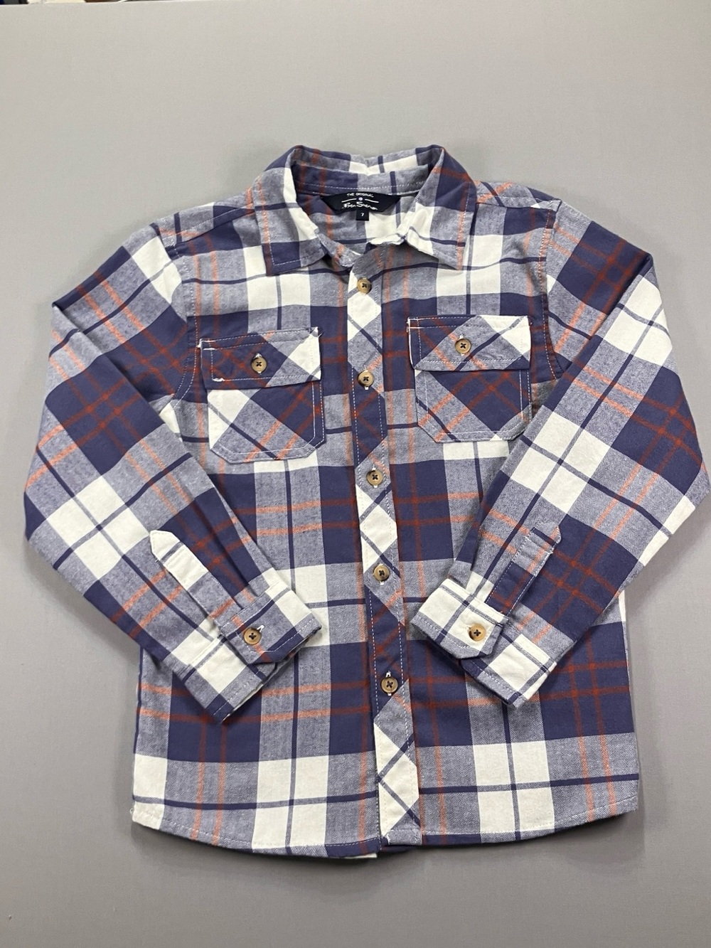 Ben Sherman Boys L/S Plaid Button Up Shirt - Navy White (Herringbone Pattern) 7